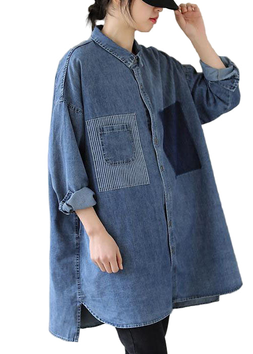 Kvinders Casual Denim Bluse med Peter Pan Krave 0