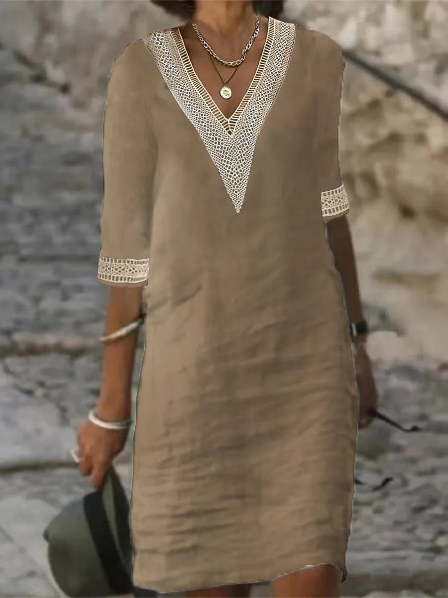 Kvinders Casual Kjole V-Hals Blonder Trim Afslappet Fit 3/4 Ærme 6