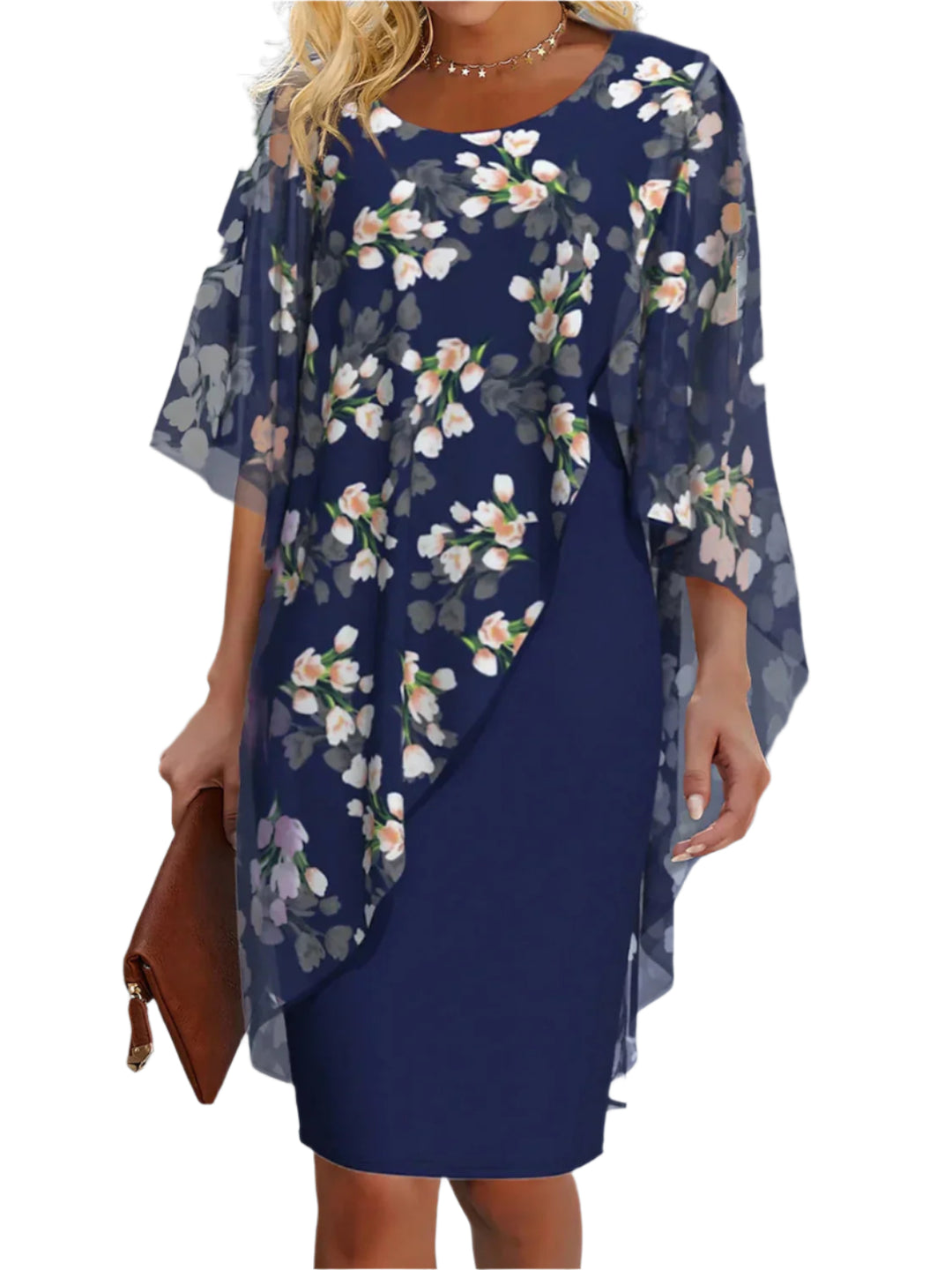 Kvinders Chiffon Kjole Blomsterprint H-Linie Rund Halsudskæring 0
