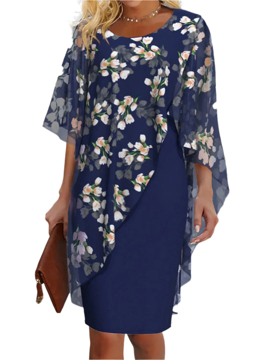 Kvinders Chiffon Kjole Blomsterprint H-Linie Rund Halsudskæring 0