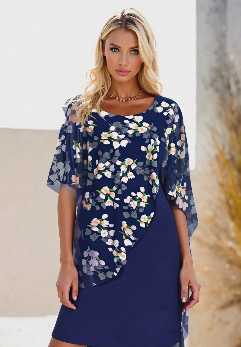 Kvinders Chiffon Kjole Blomsterprint H-Linie Rund Halsudskæring 1