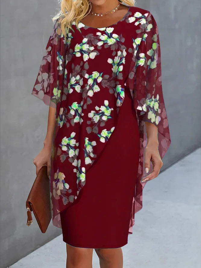 Kvinders Chiffon Kjole Blomsterprint H-Linie Rund Halsudskæring 2