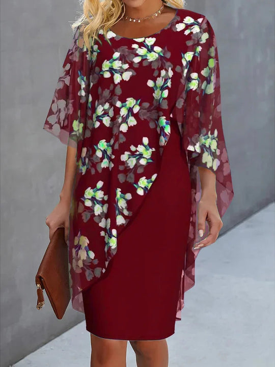 Kvinders Chiffon Kjole Blomsterprint H-Linie Rund Halsudskæring 2