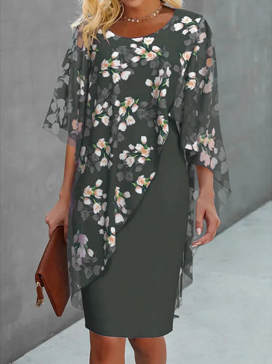 Kvinders Chiffon Kjole Blomsterprint H-Linie Rund Halsudskæring 5