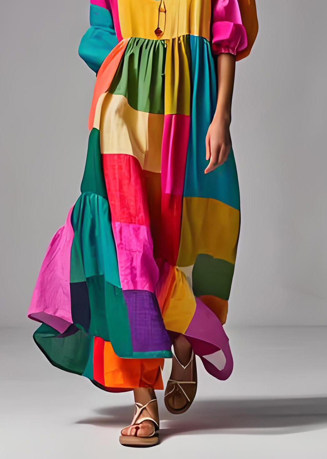 Kvinders Colorblock Puff Sleeve Kjole 4