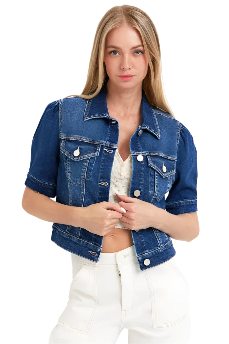 Kvinders Crop Denim Jakke med Pufærmer Vasket Bomuld 0