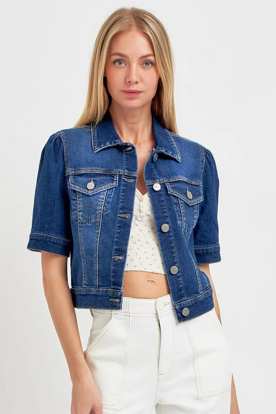 Kvinders Crop Denim Jakke med Pufærmer Vasket Bomuld 1