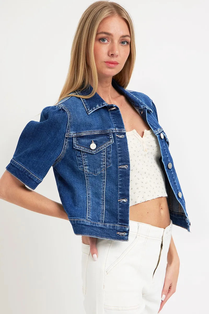 Kvinders Crop Denim Jakke med Pufærmer Vasket Bomuld 3