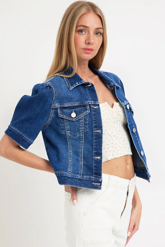 Kvinders Crop Denim Jakke med Pufærmer Vasket Bomuld 3