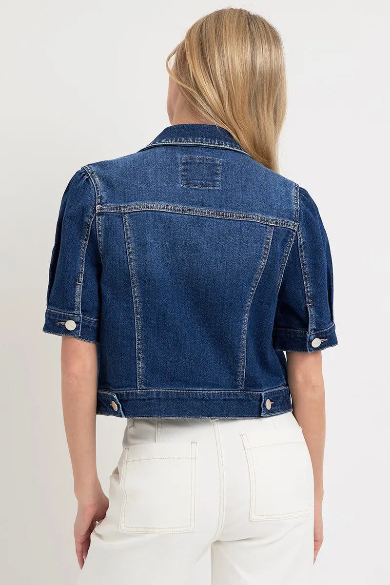 Kvinders Crop Denim Jakke med Pufærmer Vasket Bomuld 4