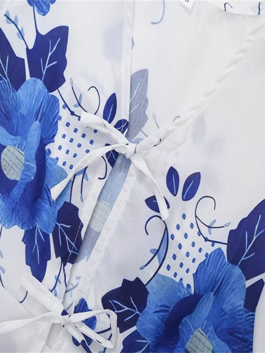 Kvinders Crop Top V-Hals Blomsterprint Med Sløjfe Detalje Polyester Hør 3