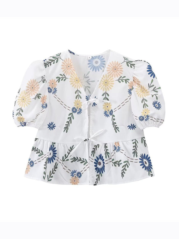 Kvinders Crop Top V-Hals Blomsterprint Med Sløjfe Detalje Polyester Hør 5