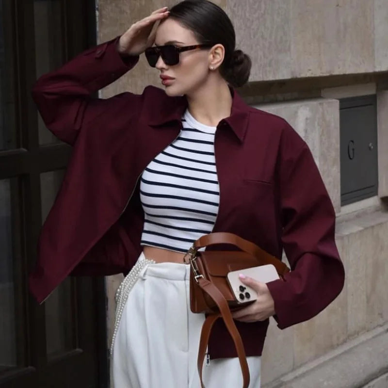 Kvinders Cropped Bomberjakke Moderne Snit Med Lange Ærmer 1