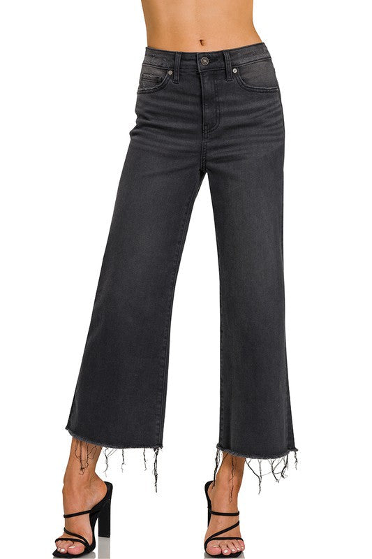 Kvinders Cropped Jeans Høj Talje Vasket Sort 0