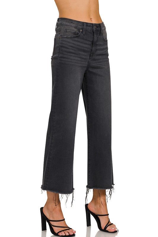 Kvinders Cropped Jeans Høj Talje Vasket Sort 1