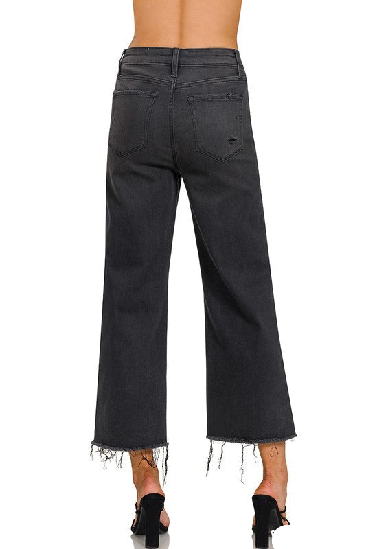 Kvinders Cropped Jeans Høj Talje Vasket Sort 2