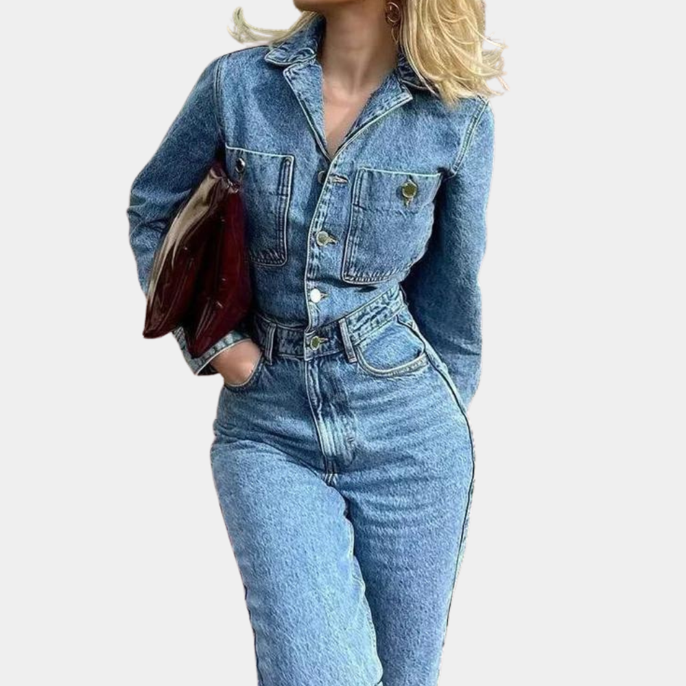 Kvinders Denim Jumpsuit Med Lange Ærmer 1