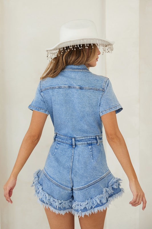 Kvinders Denim Romper Med Knapper Og Frayed Hem 3