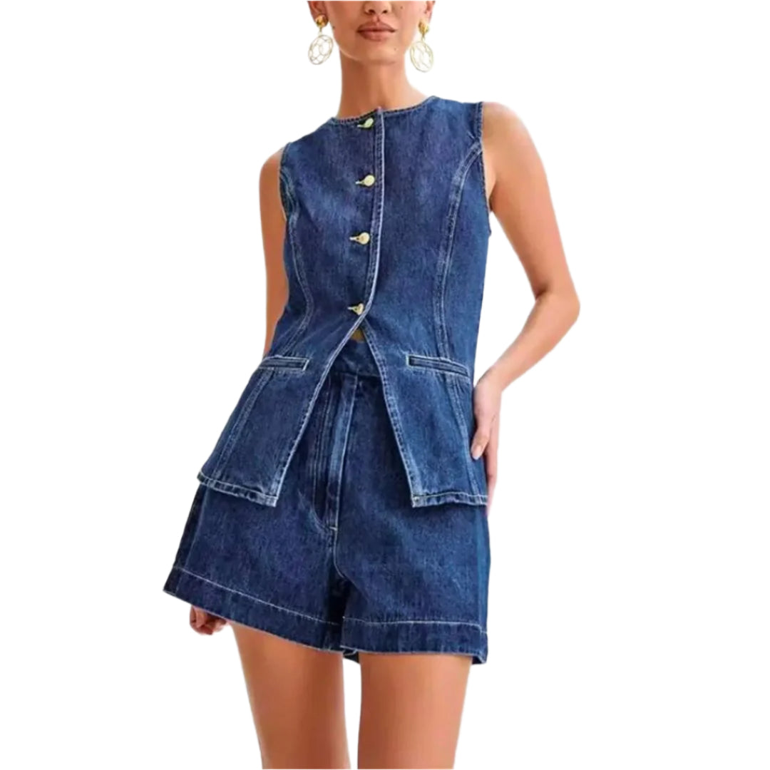 Kvinders Denim Sæt Med Høj Talje Shorts 0