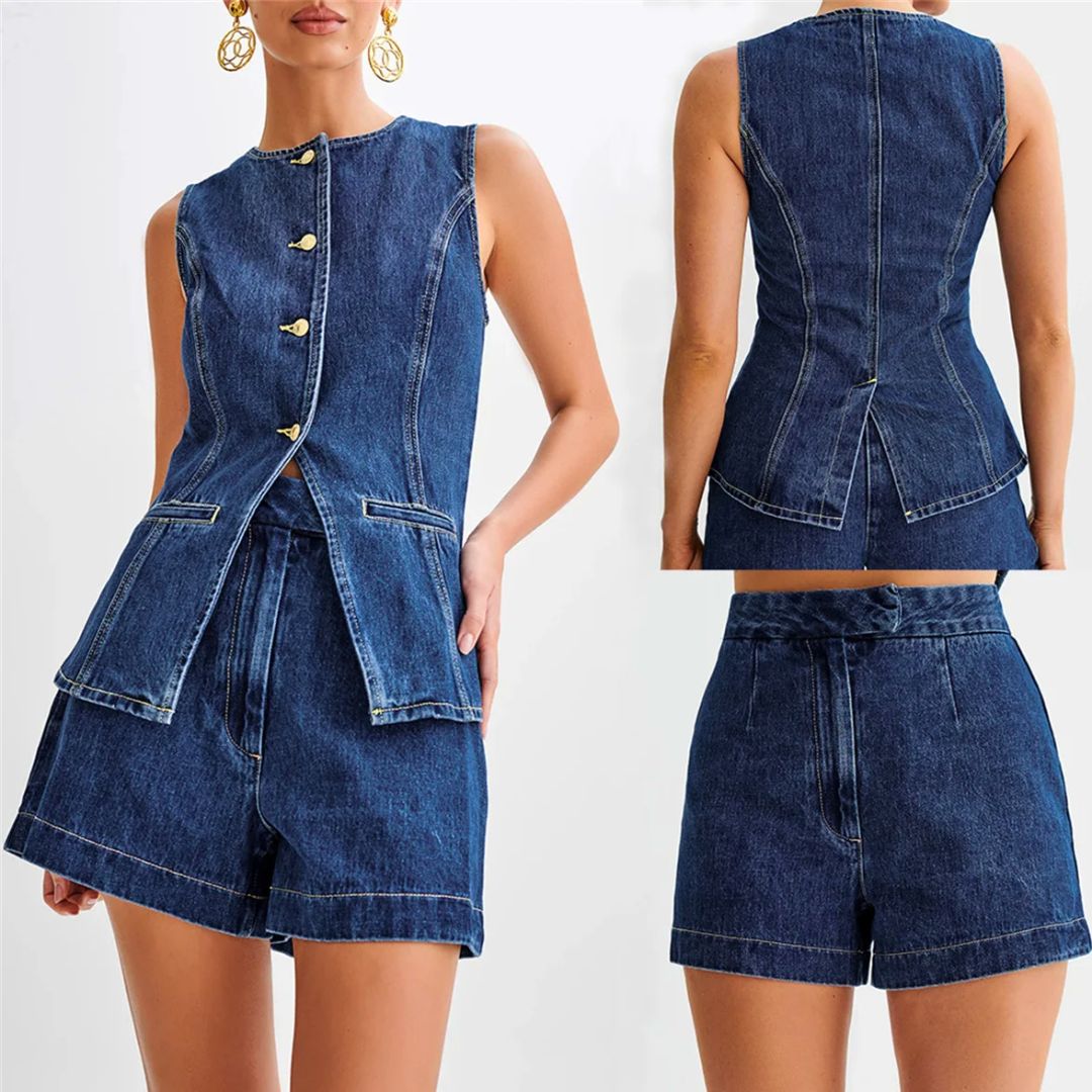 Kvinders Denim Sæt Med Høj Talje Shorts 1
