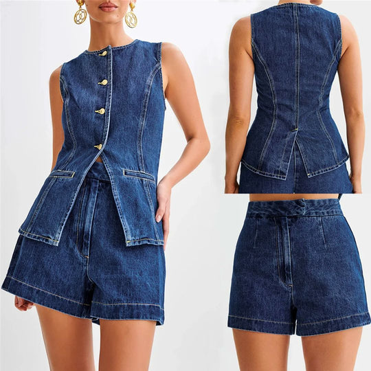 Kvinders Denim Sæt Med Høj Talje Shorts 1