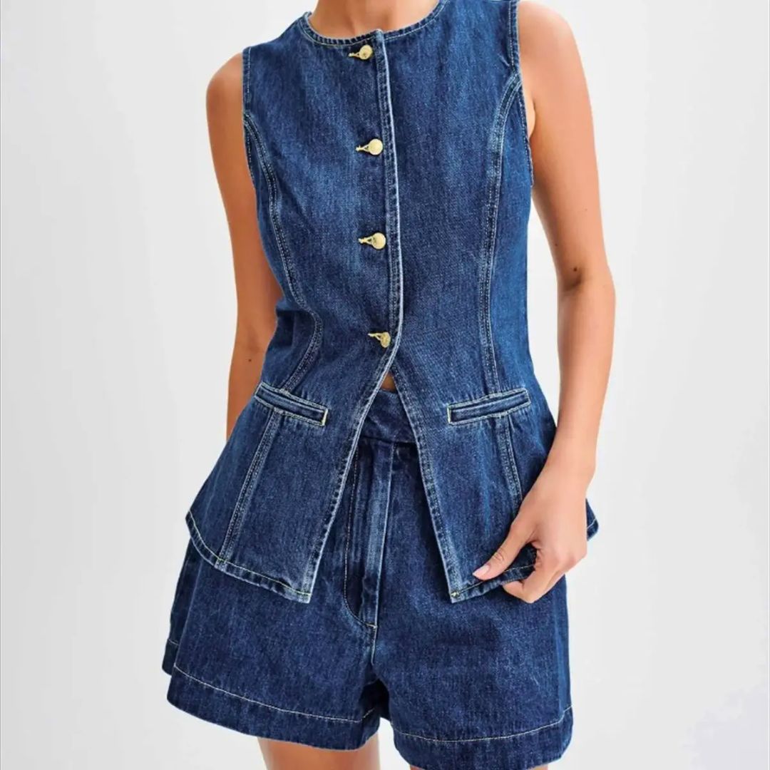 Kvinders Denim Sæt Med Høj Talje Shorts 2