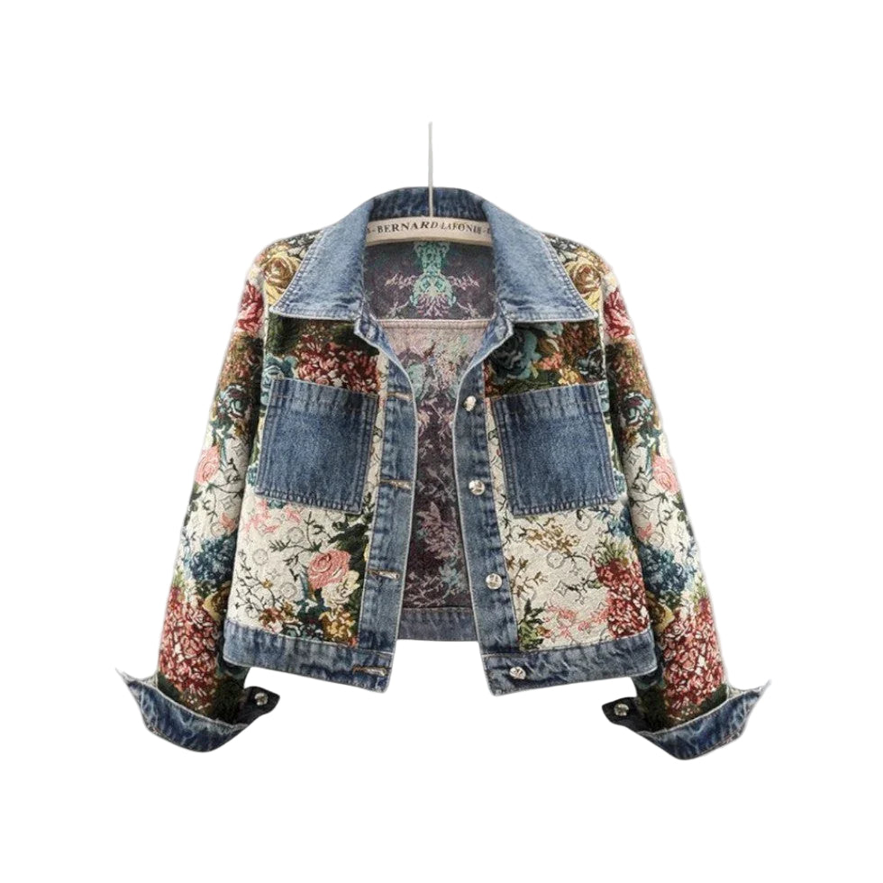 Kvinders Denimjakke med Blomsterpatchwork Boho-stil 0