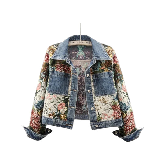 Kvinders Denimjakke med Blomsterpatchwork Boho-stil 0