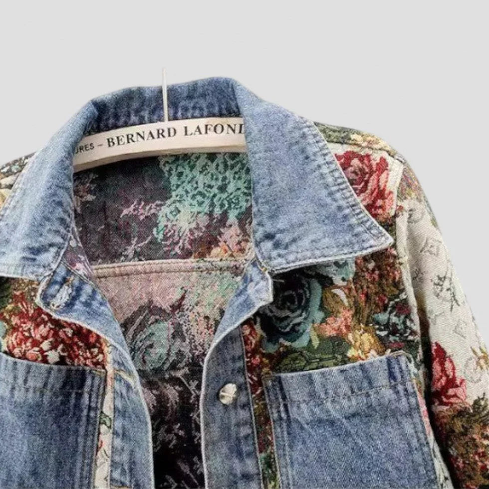 Kvinders Denimjakke med Blomsterpatchwork Boho-stil 1