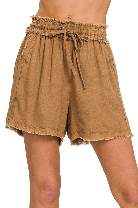 Kvinders Drawstring Shorts Frayed Hem Vasket Linned 0