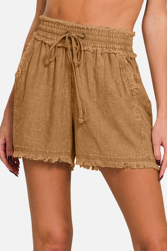 Kvinders Drawstring Shorts Frayed Hem Vasket Linned 1