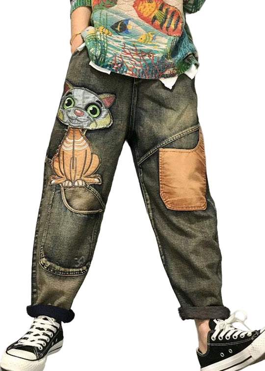 Kvinders Harem Jeans med Kat Broderi 0