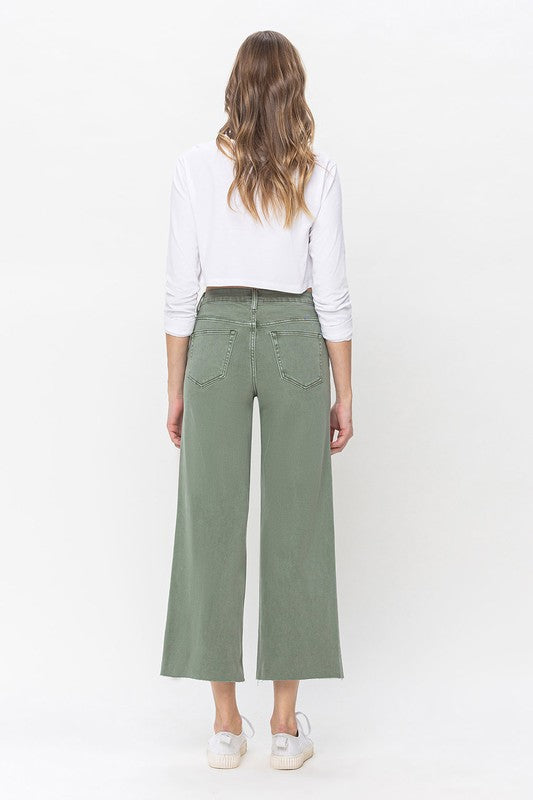 Kvinders Høj Talje Bred Ben Jeans Army Green 2