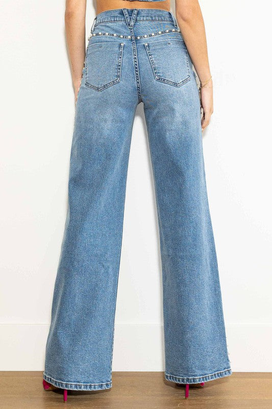 Kvinders Høj Talje Bred Ben Jeans i Medium Stone 2