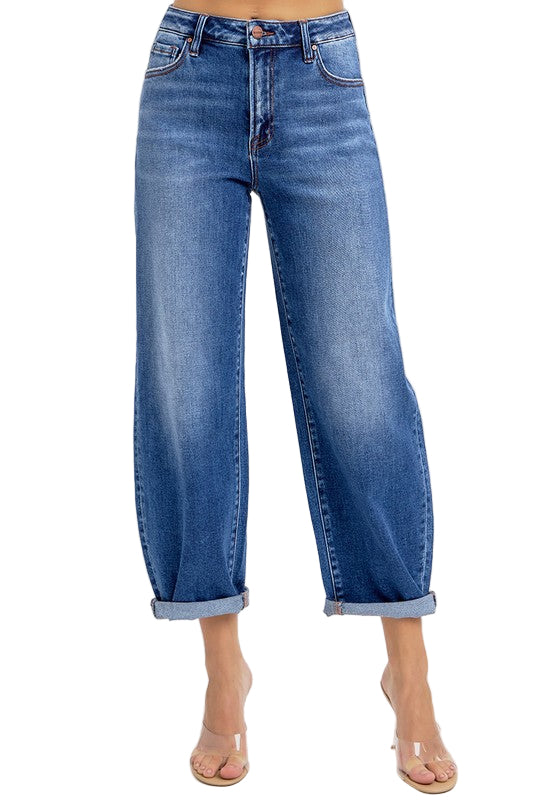 Kvinders Høj Talje Crop Mild Barrel Jeans Denim 0