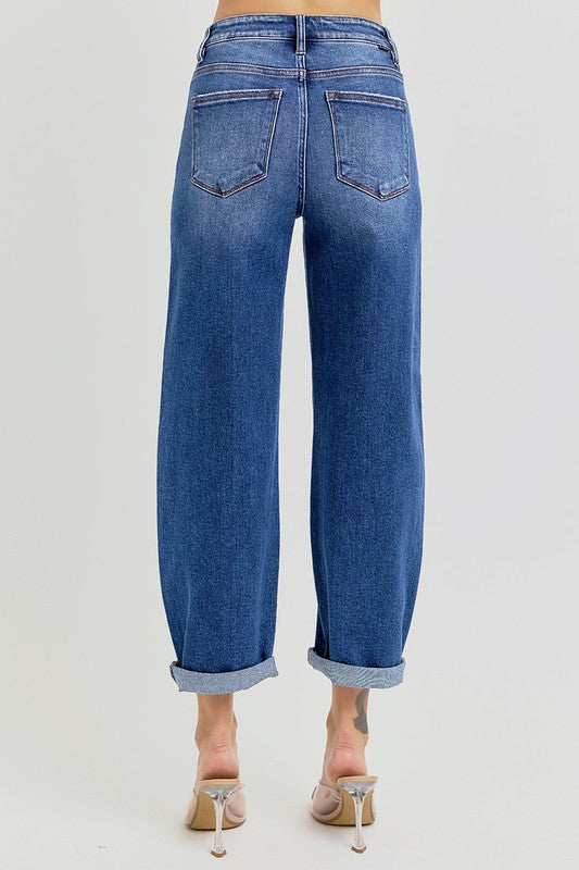 Kvinders Høj Talje Crop Mild Barrel Jeans Denim 2