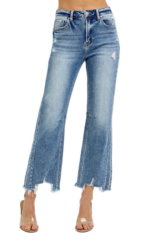 Kvinders Høj Talje Crop Straight Jeans Distressed Bomuld 0