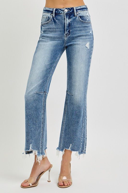 Kvinders Høj Talje Crop Straight Jeans Distressed Bomuld 1