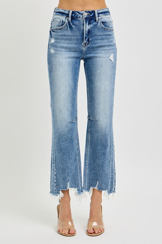 Kvinders Høj Talje Crop Straight Jeans Distressed Bomuld 2