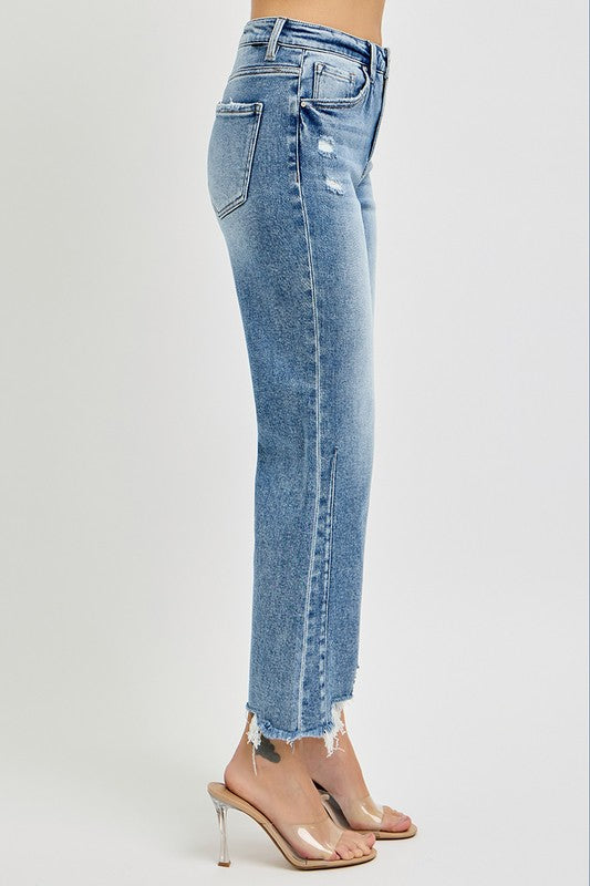 Kvinders Høj Talje Crop Straight Jeans Distressed Bomuld 3