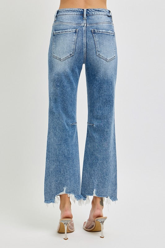 Kvinders Høj Talje Crop Straight Jeans Distressed Bomuld 4