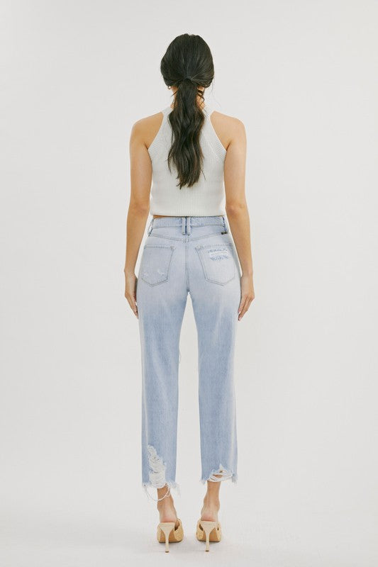 Kvinders Høj Talje Distressed Jeans Let Denim 2