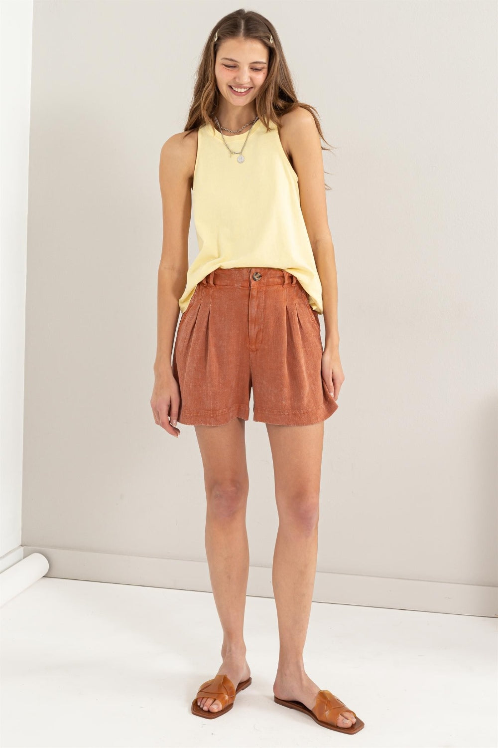 Kvinders Høj Talje Plisserede Shorts Linned Rayon 3