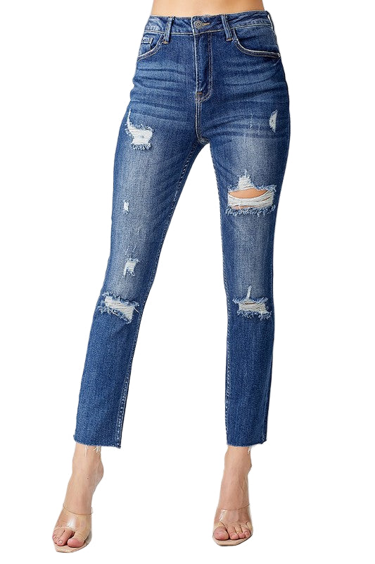 Kvinders Høj Talje Skinny Jeans Distressed 100% Bomuld 0