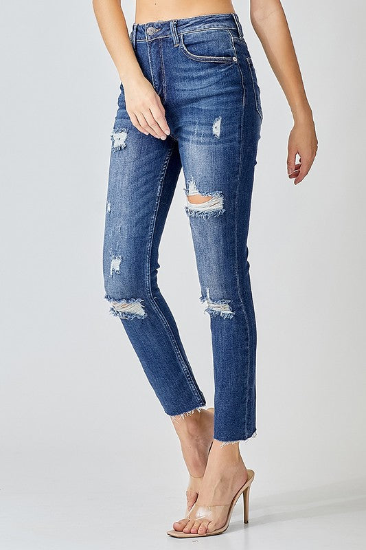 Kvinders Høj Talje Skinny Jeans Distressed 100% Bomuld 1