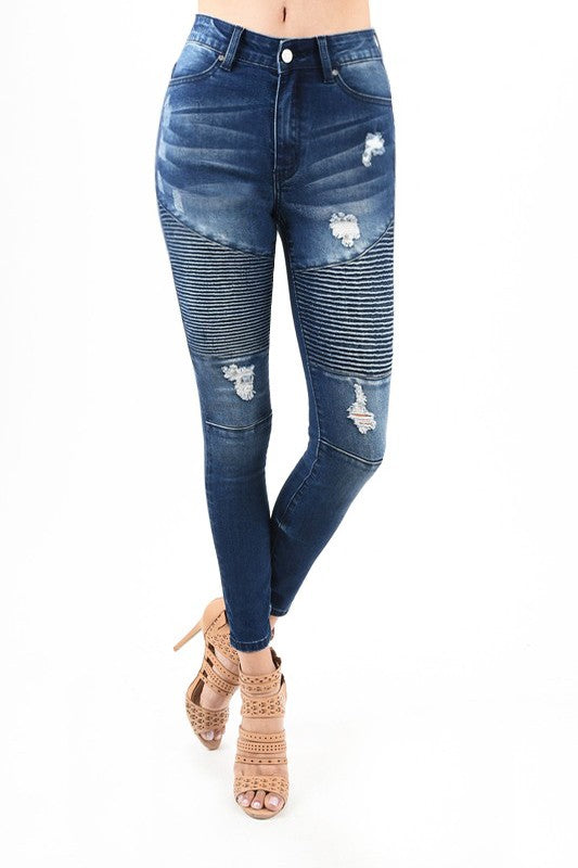 Kvinders Høj Talje Skinny Jeans Moto Denim 1