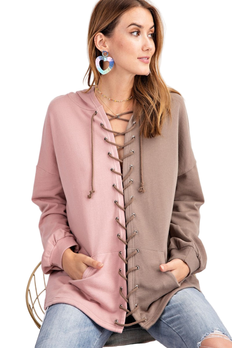 Kvinders Hoodie Farveblok Terry Strik Mocha 0