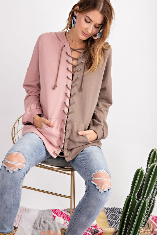 Kvinders Hoodie Farveblok Terry Strik Mocha 2