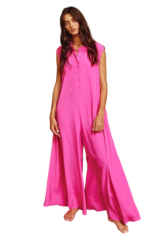 Kvinders Jumpsuit i Satin med Bred Ben i Fuchsia 0