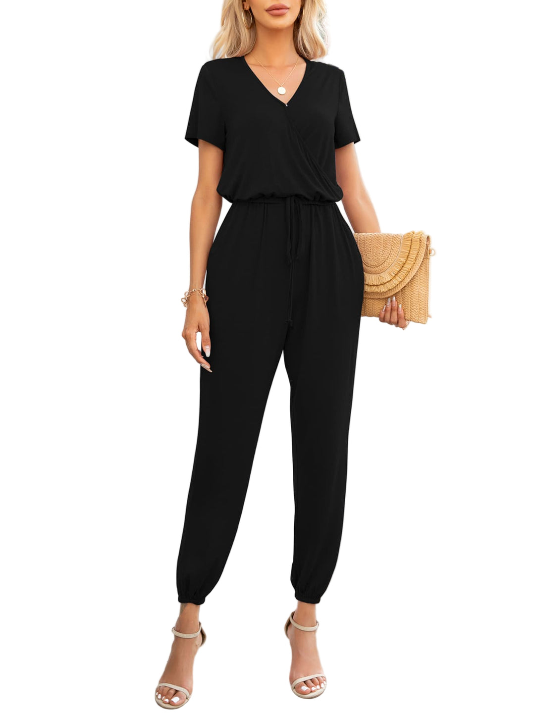 Kvinders Jumpsuit med Korte Ærmer V-Hals og Lommer 0